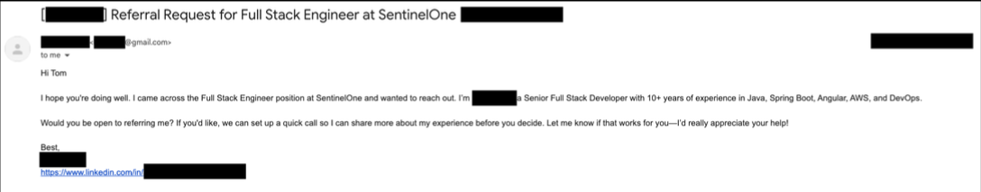 A view of a fraudulent referral reqest made to SentinelOne