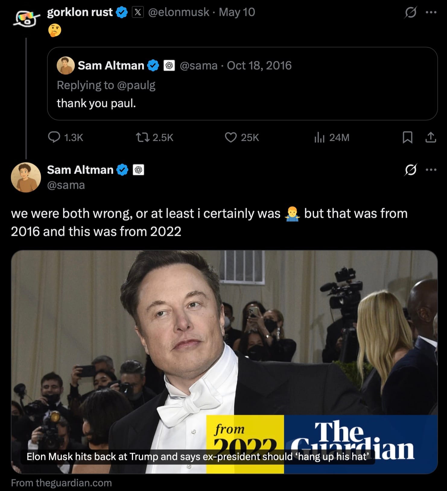 An exchange between Elon "Gorklon Rust" Musk and Sam Altman