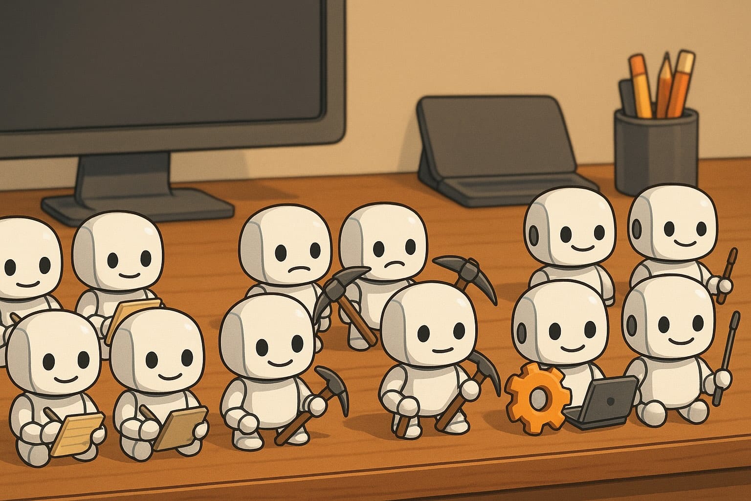 Here's what happened when we asked ChatGPT to cheer up the sad robot in the title image. Now they're all too happy!