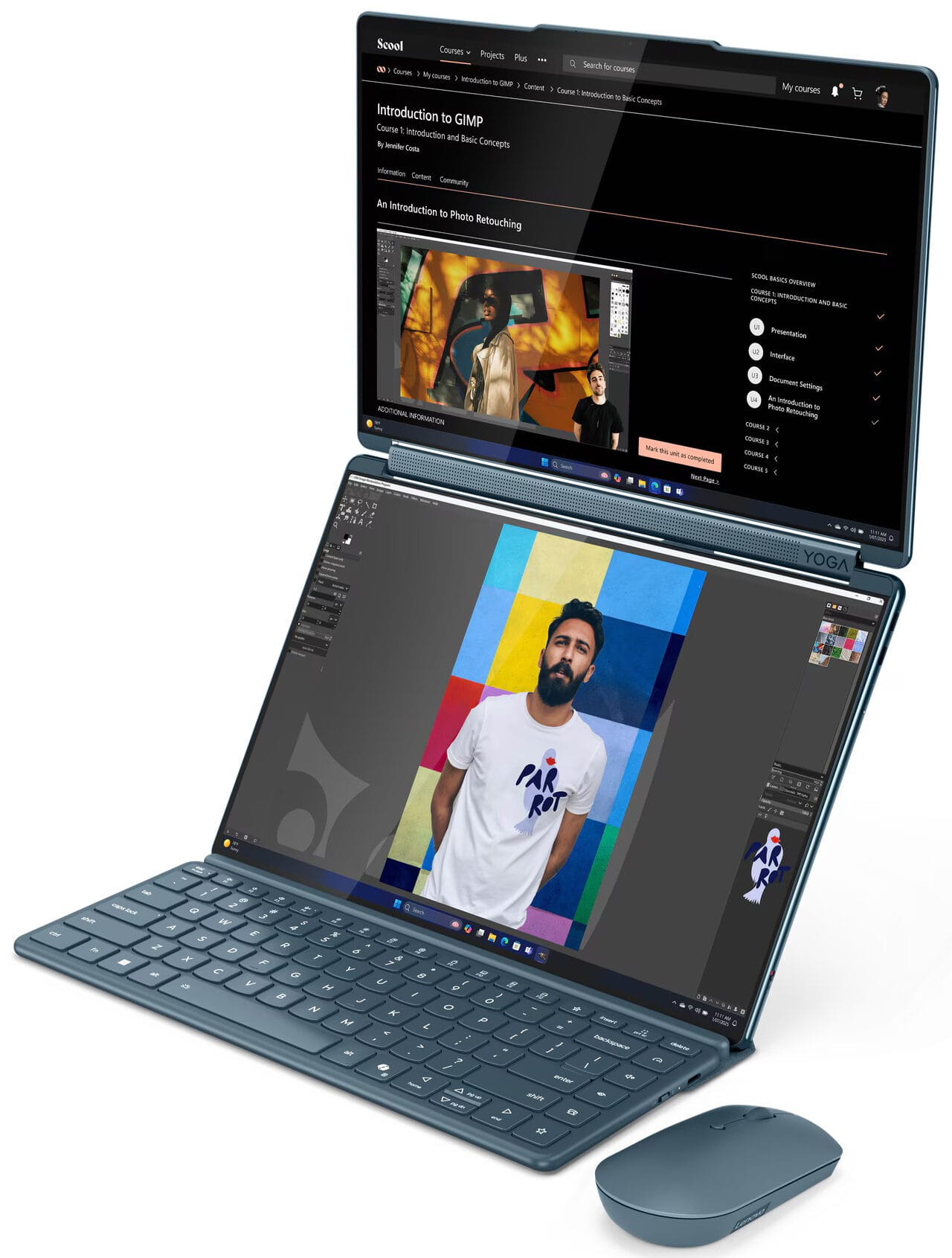 A view of the Lenovo Yoga Book, standing tall and unfolded in all its glory