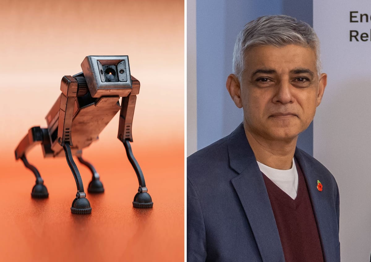 An Unsplash+ illustration of a robotic police dog and an official creative commons image of Sadiq Khan, Mayor of London