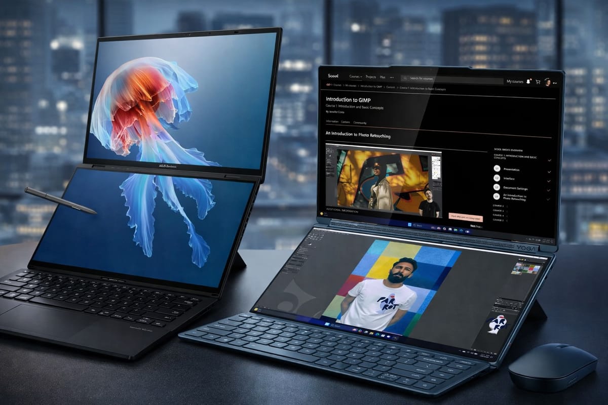 A ChatGPT composite image showing the Asus Zenbook Duo (left) and Lenovo Yoga Book (right) 
