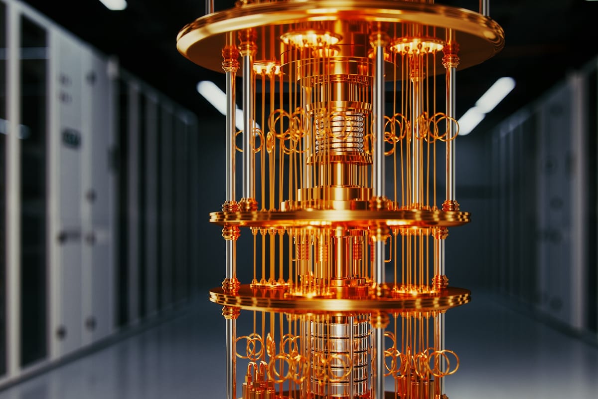 Illustration of a dilution refrigerator system used to run superconducting quantum computers at near absolute zero temperatures.