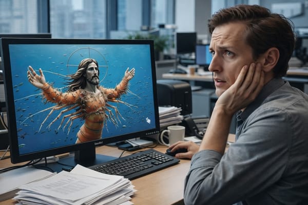 An AI slop image from ChatGPT showing a man viewing a famous AI slop image 