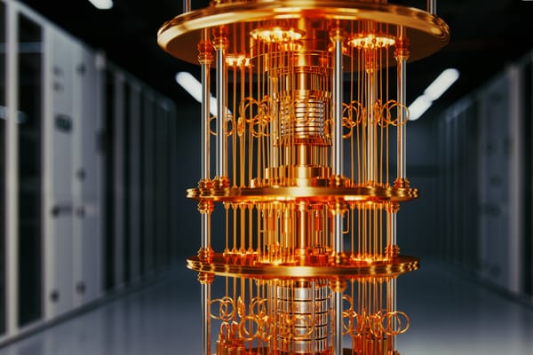 Illustration of a dilution refrigerator system used to run superconducting quantum computers at near absolute zero temperatures.